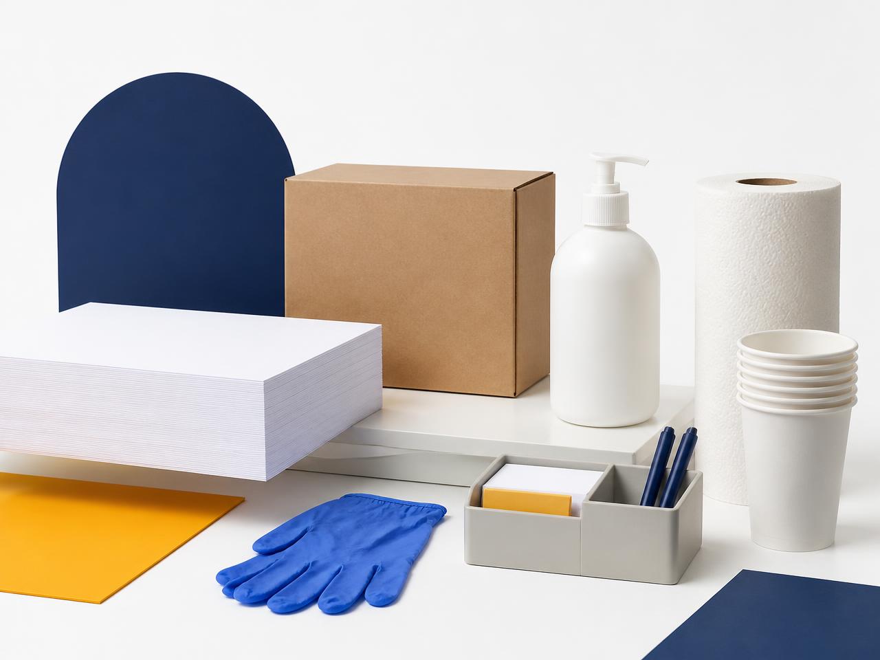 Composição de insumos corporativos: papel sulfite, produtos de limpeza, papel toalha, luvas e copos descartáveis