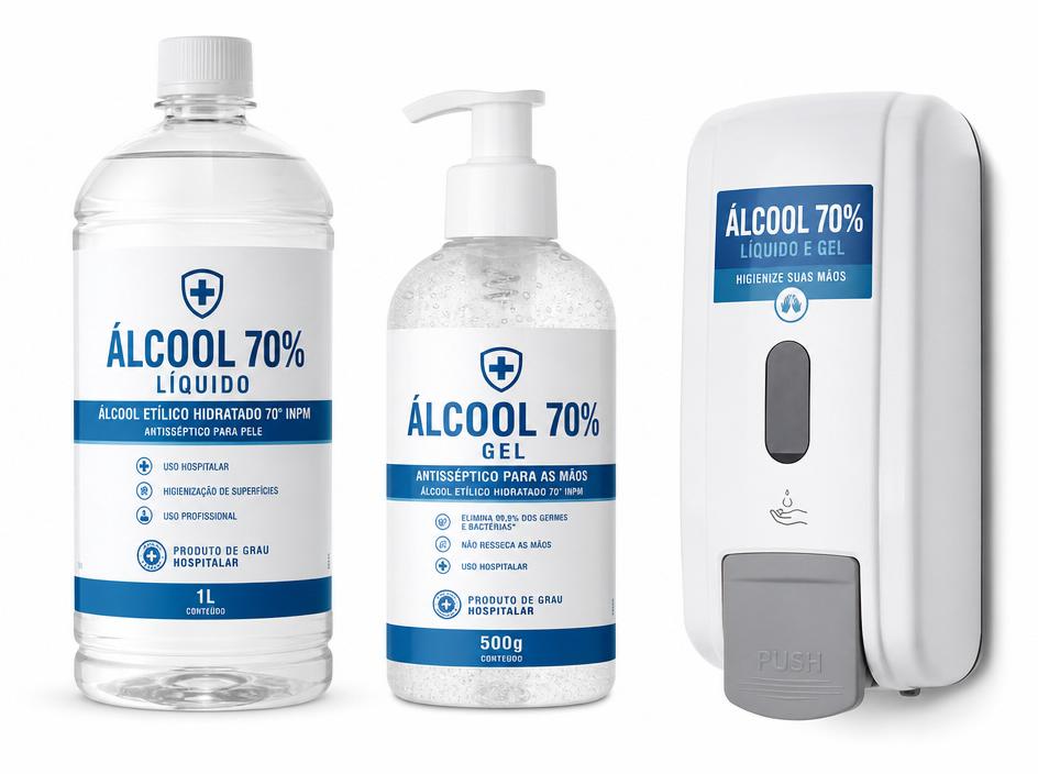 Álcool 70% e itens de higiene usados em ambientes de saúde