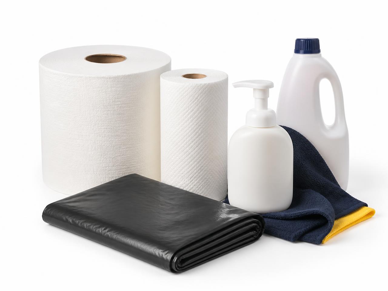 Papel higiênico rolão, papel toalha, sacos de lixo e sabonete líquido para condomínios