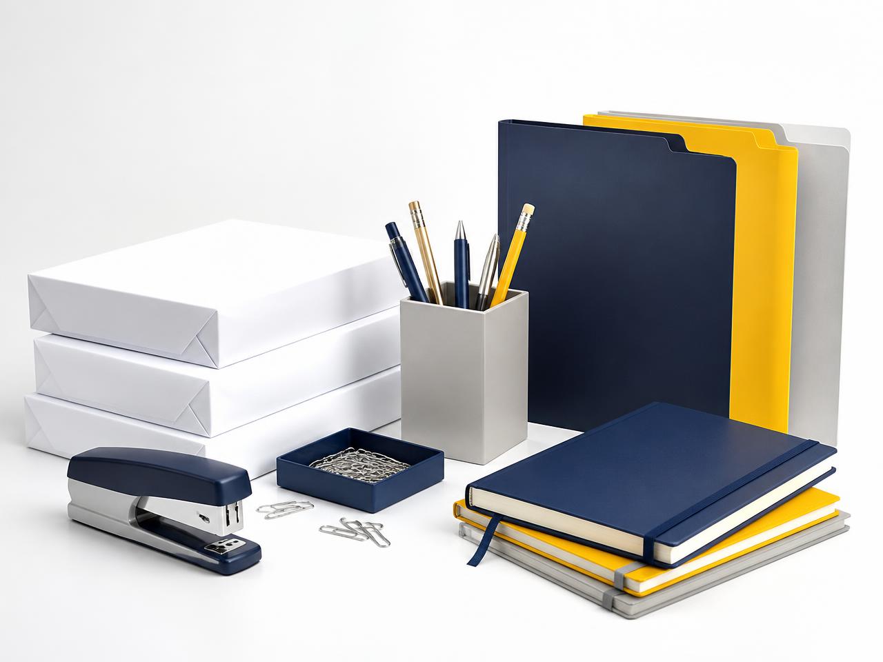 Papel sulfite, organizadores, canetas e pastas para escritórios