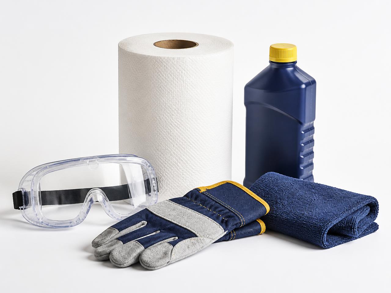 Óculos de proteção, luvas de segurança e desengordurante industrial