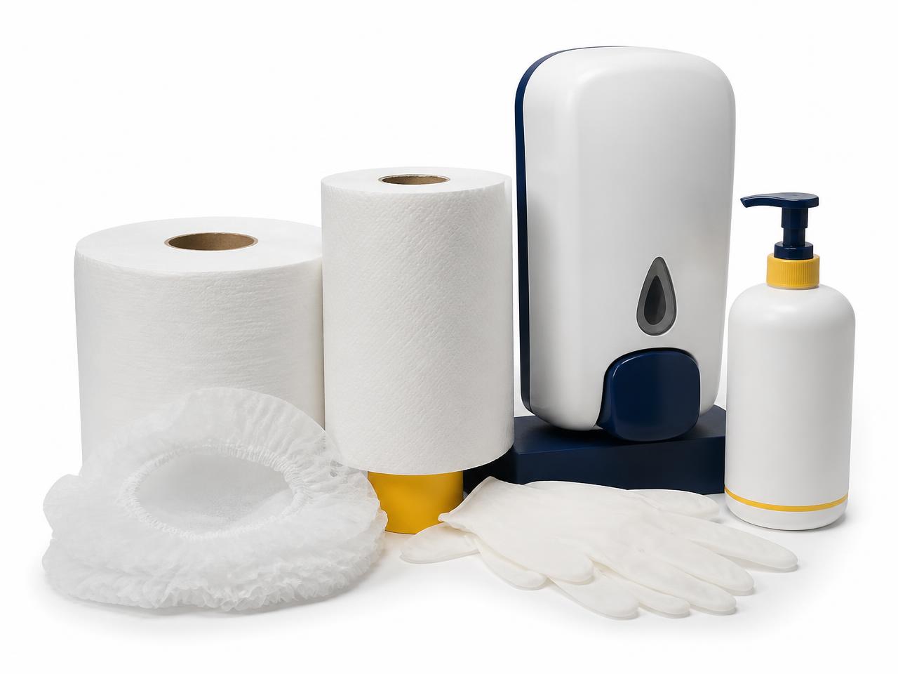 Papel higiênico rolão, papel toalha, toucas, luvas e dispenser de álcool em gel