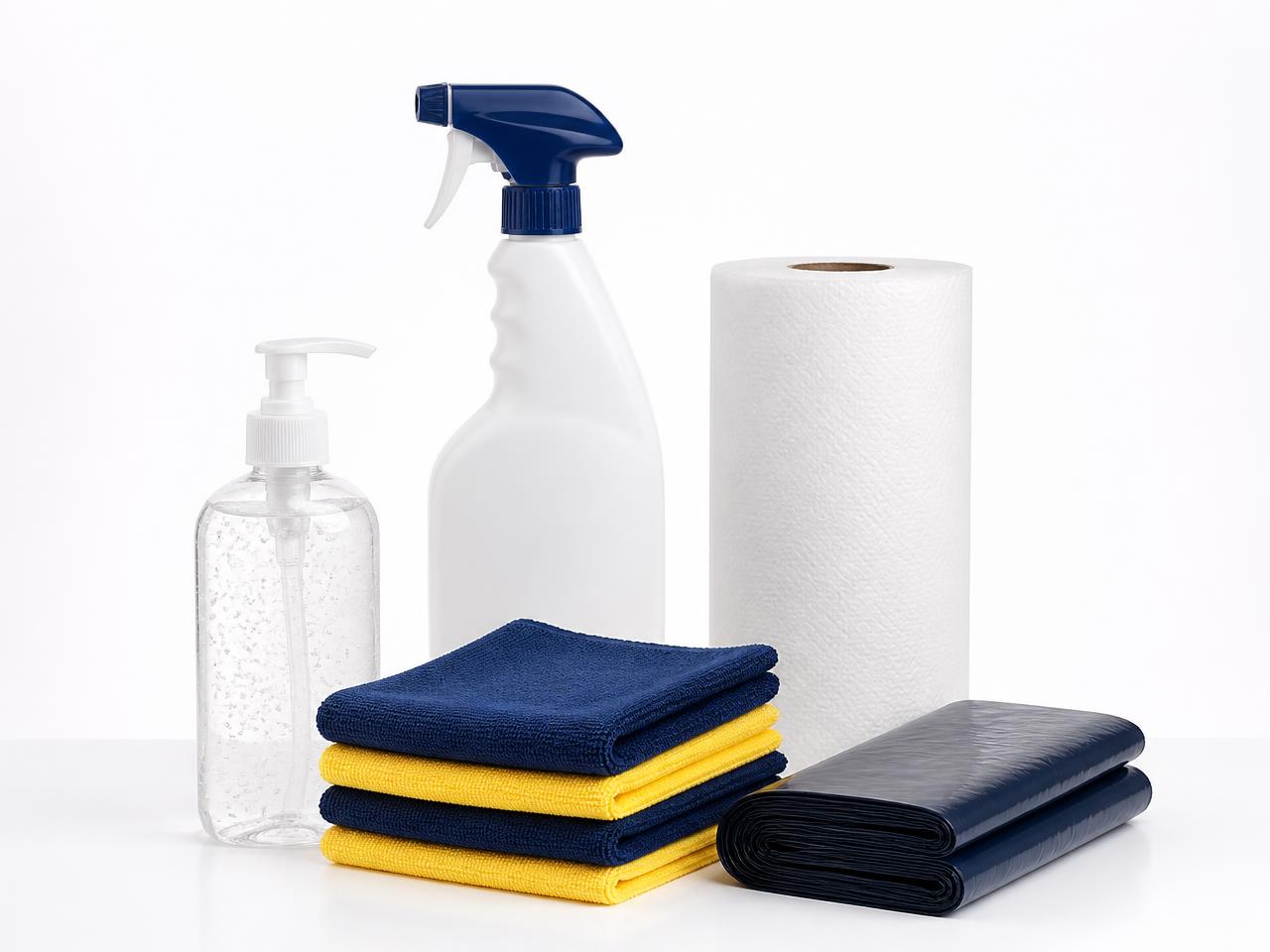 Multiuso, álcool em gel, panos e sacos de lixo para lojas
