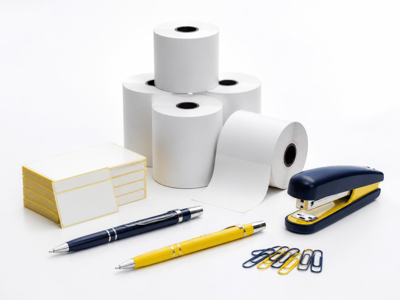 Bobinas térmicas, etiquetas e materiais de papelaria para operação de lojas